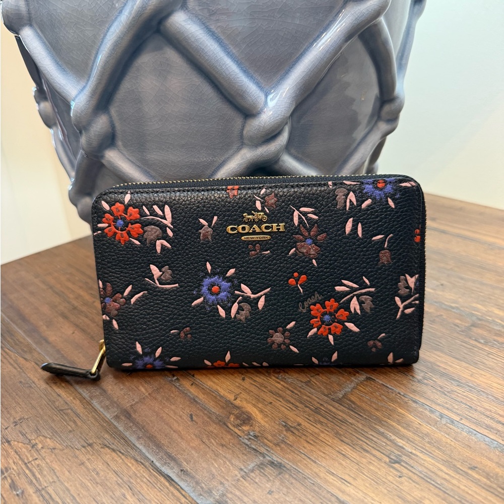 Coach Navy Blue Floral Zip Around Wallet